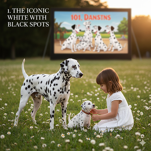 Chó Đốm trắng đen đứng cạnh bé gái trong bãi cỏ, phía sau là bảng quảng cáo hoạt hình gợi nhớ phim 101 chú chó Đốm