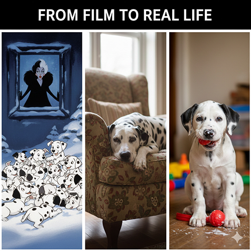 Hình ảnh chó Đốm Dalmatian từ phim 101 chú chó Đốm so sánh với đời thực