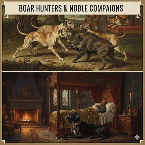 Minh họa chó Great Dane thời trung cổ săn lợn rừng và canh gác phòng ngủ quý tộc