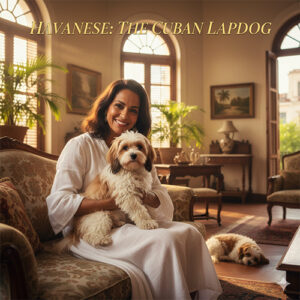 Chó Havanese nhỏ nhắn lông dài ôm trong lòng chủ, giống chó cảnh Cuba thân thiện