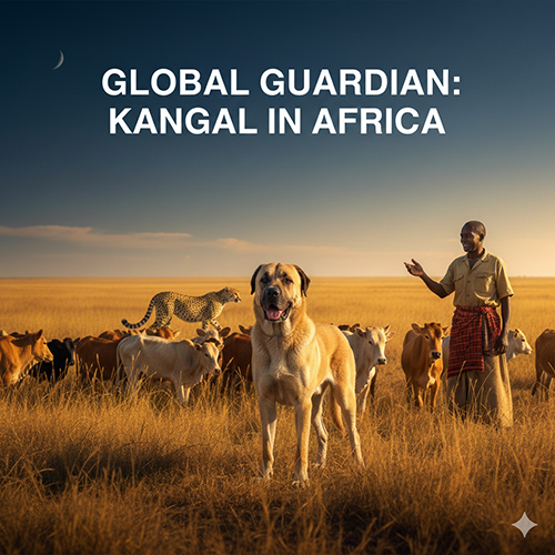 Hình chó Kangal đứng trước đàn gia súc ở châu Phi, phía sau là báo hoa mai và người chăn gia súc địa phương