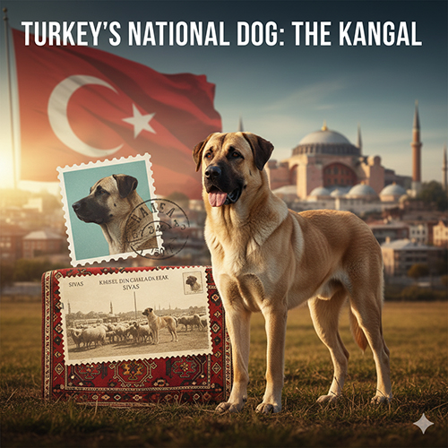 Hình ảnh chó Kangal đứng trước quốc kỳ Thổ Nhĩ Kỳ, phía sau là Istanbul và các bưu thiếp, tem lưu niệm về giống chó này