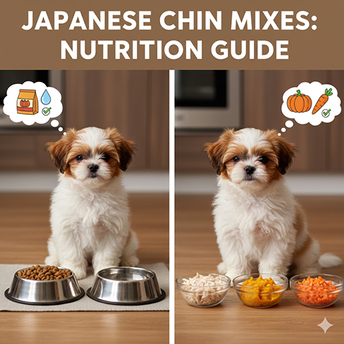 Chó lai Nhật con ăn hạt và thức ăn tươi, minh họa chế độ dinh dưỡng phù hợp