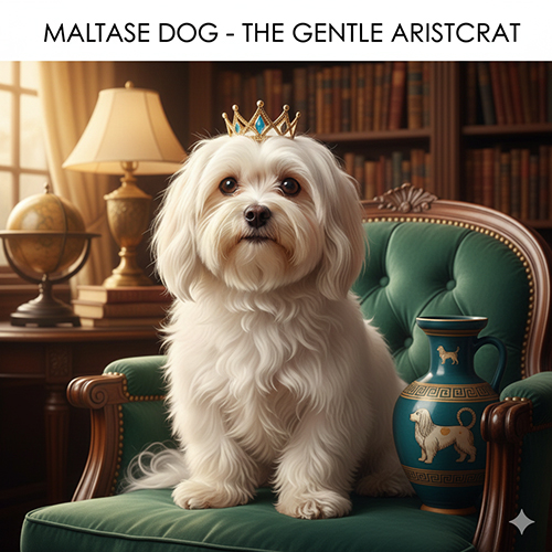 Chó Maltese lông trắng quý tộc ngồi trên ghế sang trọng