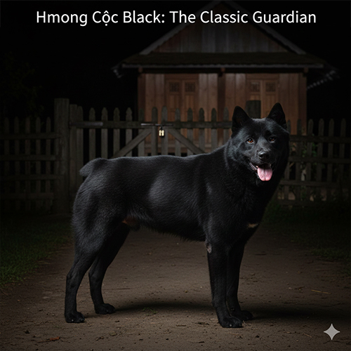 Chó Mông Cộc đen với bộ lông đen tuyền dáng đứng vững chắc thể hiện vẻ mạnh mẽ