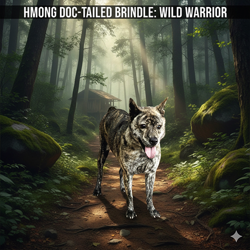 Chó Mông Cộc vện với các sọc đen trên nền vàng đỏ đứng giữa rừng tạo vẻ hoang dã