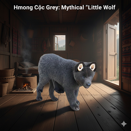 Chó Mông Cộc màu xám tro xám khói đứng trong không gian gỗ tạo cảm giác tiểu sói