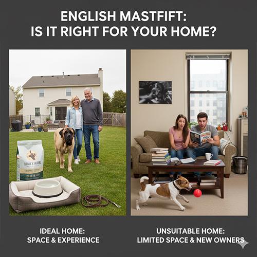 So sánh môi trường nuôi chó Ngao Anh phù hợp và không phù hợp giữa nhà có sân vườn và không gian chật