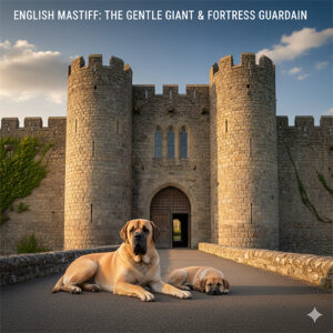 Chó Ngao Anh English Mastiff nằm trước pháo đài đá, vóc dáng khổng lồ, điềm tĩnh và uy nghi