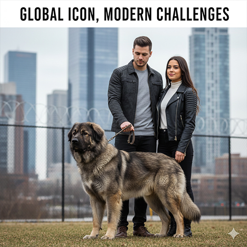 Chó Ngao Nga Caucasian Shepherd đứng cạnh chủ trong môi trường đô thị hiện đại