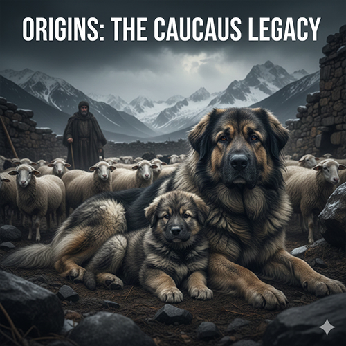 Chó Ngao Nga Caucasian Shepherd mẹ và con nằm trước đàn cừu vùng núi Kavkaz