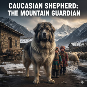 Chó Ngao Nga Caucasian Shepherd khổng lồ đứng canh gác trước ngôi làng vùng núi