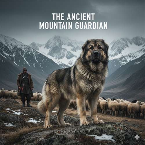 Chó Ngao Nga Caucasian Shepherd đứng trên sườn núi Kavkaz giữa đàn cừu