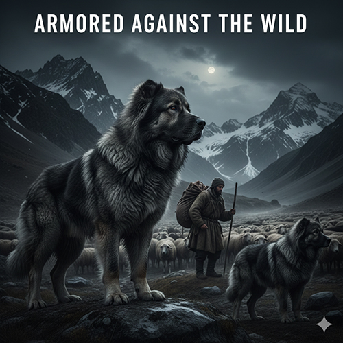 Chó Ngao Nga Caucasian Shepherd lông dày đứng cạnh người chăn cừu vùng núi Kavkaz