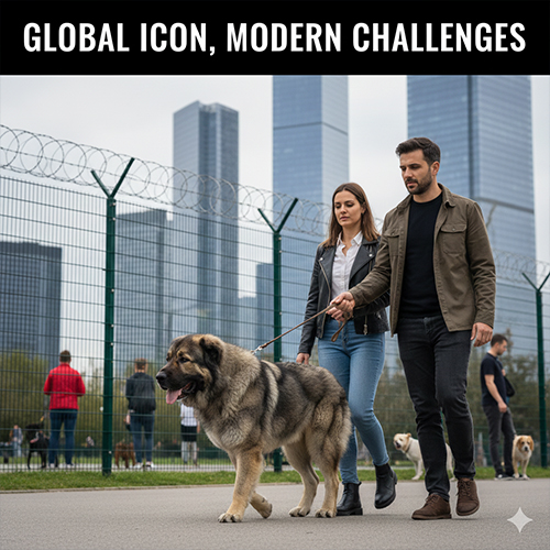 Chó Ngao Nga Caucasian Shepherd dạo bộ cùng chủ trong môi trường đô thị hiện đại