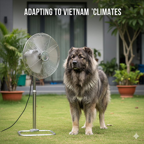 Chó Ngao Nga Caucasian Shepherd đang đứng trước quạt mát trong khí hậu nóng Việt Nam