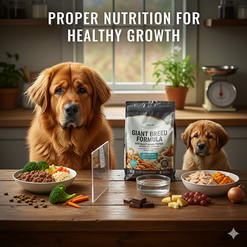 Hình ảnh chó Ngao Tây Tạng và chó con với khẩu phần ăn cân đối, minh hoạ dinh dưỡng đúng