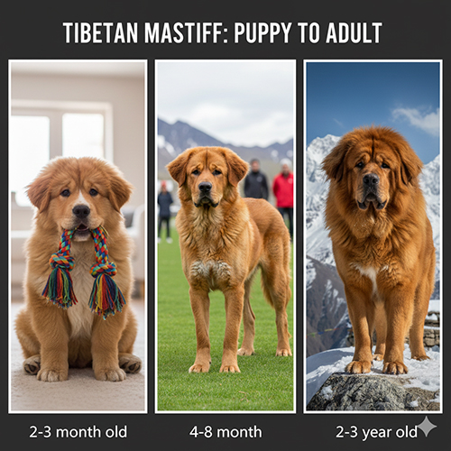 Các giai đoạn phát triển của chó Ngao Tây Tạng từ chó con đến trưởng thành với sự thay đổi rõ rệt về kích thước và ngoại hình