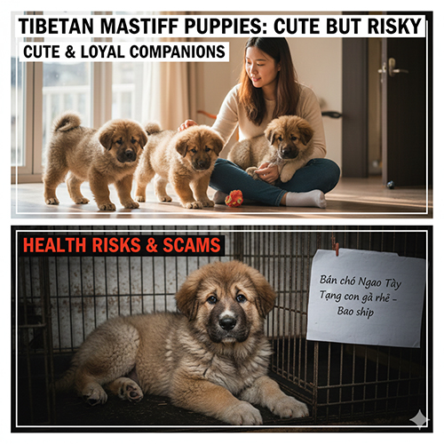 Chó Ngao Tây Tạng con dễ thương trong nhà và hình ảnh cảnh báo rủi ro sức khỏe, lừa đảo