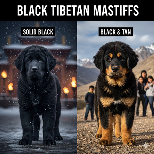 Chó Ngao Tây Tạng màu đen tuyền và đen vàng với bộ bờm dày, ngoại hình uy lực