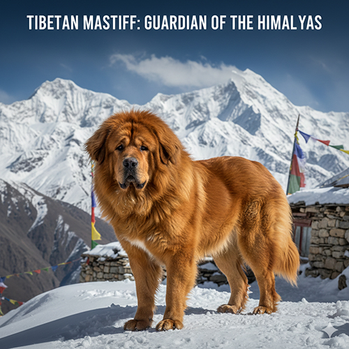 Chó Ngao Tây Tạng trưởng thành đứng trên núi tuyết Himalaya với ngoại hình to lớn, lông dày và dáng vẻ uy nghi