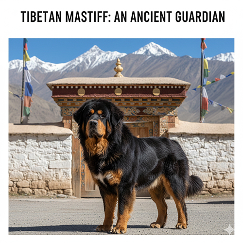 Chó Ngao Tây Tạng đứng canh gác trước tu viện Tây Tạng với thân hình to lớn, lông dày và ánh mắt cảnh giác