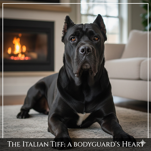 Chó Ngao Ý Cane Corso màu đen nằm trong nhà, ngoại hình vạm vỡ, ánh mắt điềm tĩnh