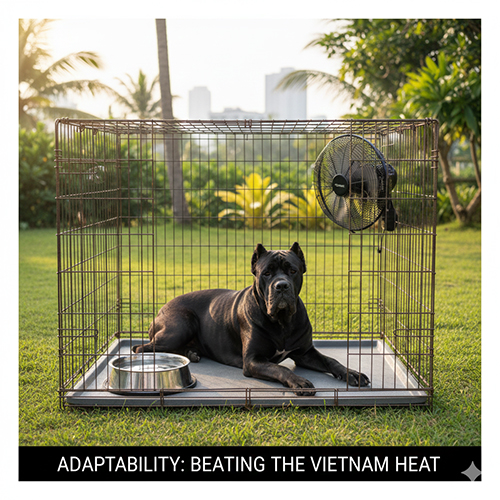 Chó Ngao Ý Cane Corso nằm nghỉ trong chuồng thoáng mát, có quạt và nước uống ở sân vườn