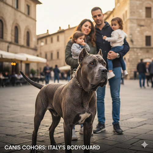 Chó Ngao Ý Cane Corso đứng trước gia đình, thân hình cơ bắp, dáng vẻ cảnh giác và bảo vệ