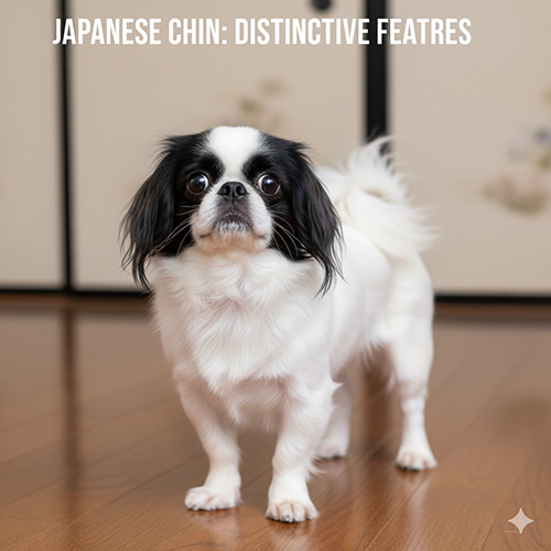 Chó Nhật Japanese Chin với mắt to tròn, mõm ngắn, tai lông tưa và đuôi bông vắt lưng