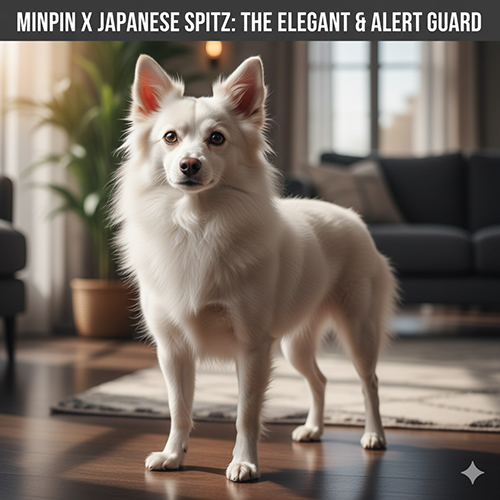 Chó Nhật lai Phốc hươu với bộ lông trắng dày, tai dựng và dáng đứng cảnh giác