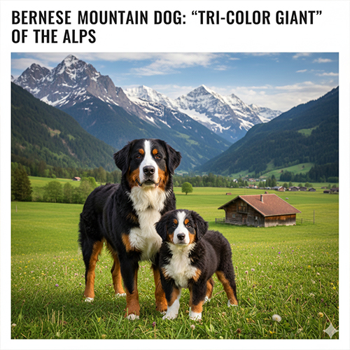 Giống chó Núi Bernese tam sắc khổng lồ đứng giữa thảo nguyên dãy Alps