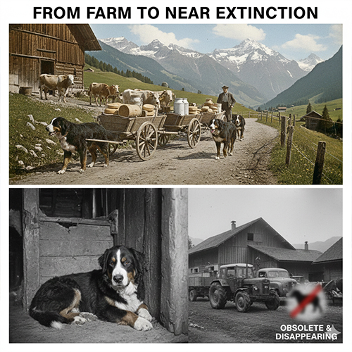Chó Núi Bernese kéo xe tại trang trại Thụy Sĩ và giai đoạn suy giảm số lượng