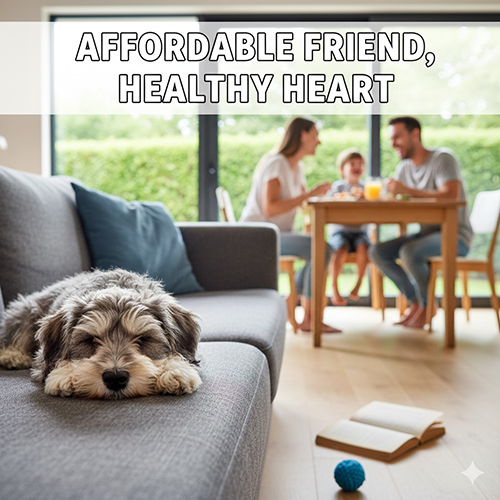 Chó ông già lai nằm thư giãn trong phòng khách, phù hợp với gia đình nuôi thú cưng