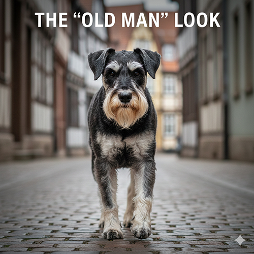 anh cho schnauzer mini dung giua duong pho voi bo rau dai va long may ron nhu ong gia