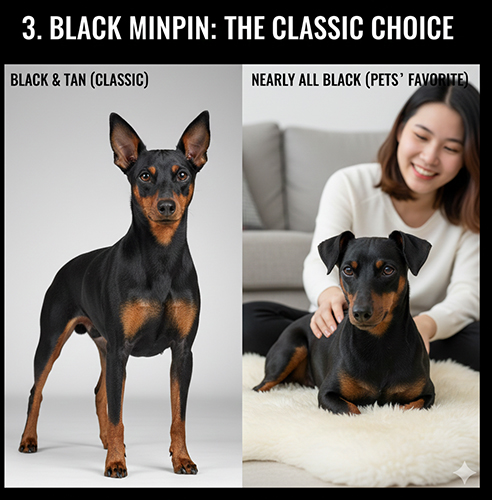 Hai chú chó Phốc hươu màu đen: một bé đen vàng cháy dáng đứng chuẩn và một bé gần như đen toàn thân đang nằm cạnh chủ