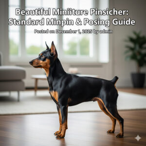 Hình ảnh chó Phốc hươu Minpin đứng dáng chuẩn, thân gọn, tai dựng, lông đen nâu bóng