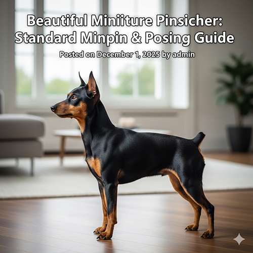 Hình ảnh chó Phốc hươu Minpin đứng dáng chuẩn, thân gọn, tai dựng, lông đen nâu bóng