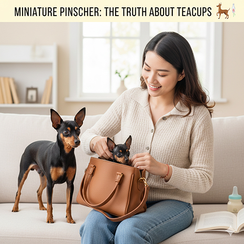 Chó Phốc hươu teacup siêu nhỏ ngồi trong túi xách bên cạnh một bé Phốc hươu trưởng thành, minh họa sự khác biệt kích thước và rủi ro khi chọn nuôi dòng teacup.