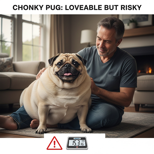 Chó Pug to thân hình tròn mũm mĩm ngồi cạnh chủ trong nhà