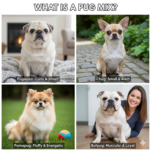 Hinh anh cac giong cho Pug lai nhu Pugapoo Chug Pomapug va Bullpug voi dac diem ngoai hinh ro net