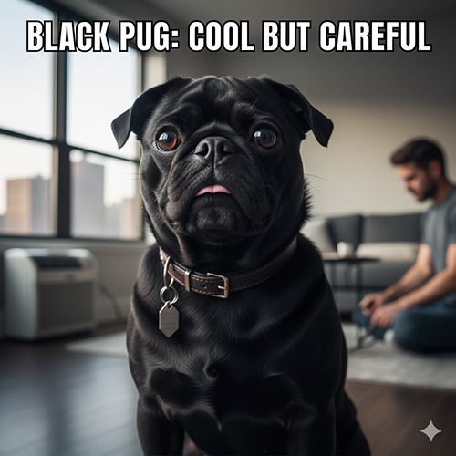 Chó Pug đen tuyền với ngoại hình gọn gàng, mặt xệ và ánh mắt tròn nổi bật
