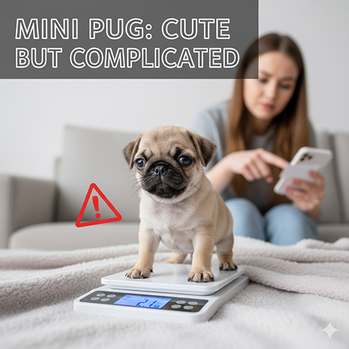 Chó Pug mini đứng trên cân với kích thước nhỏ hơn Pug tiêu chuẩn
