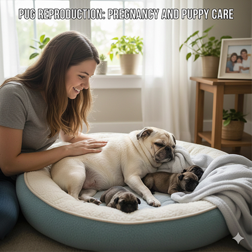 Chó Pug mẹ đang nằm chăm sóc đàn con mới sinh trong ổ ấm, minh họa quá trình sinh sản và nuôi con của chó Pug
