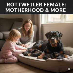 Chó Rottweiler cái đang nằm chăm sóc đàn con sơ sinh trong không gian gia đình