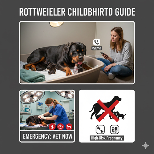Chó Rottweiler cái đang sinh con trong ổ đẻ và được chủ theo dõi sát