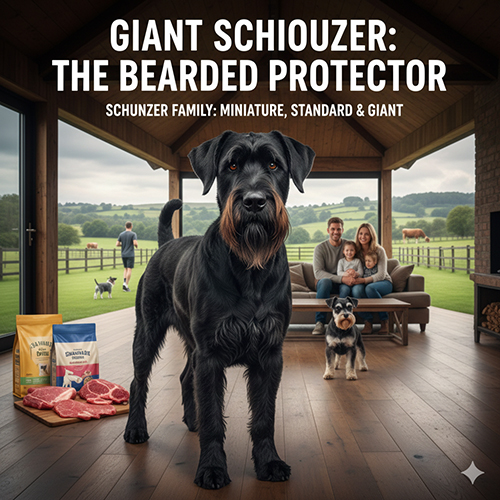 Giant Schnauzer chó ông già cỡ lớn đứng trong không gian gia đình, thân hình cao lớn và dáng bảo vệ