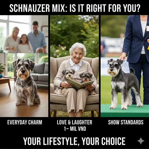 Chó Schnauzer lai sống cùng gia đình, người lớn tuổi và so sánh với Schnauzer thuần chủng