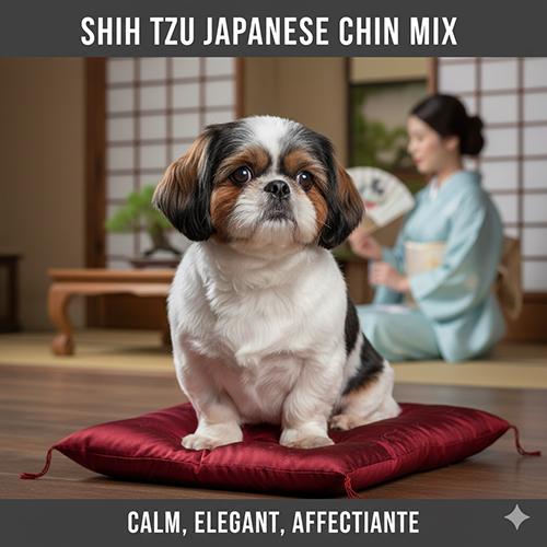 Chó Shih Tzu lai Nhật với khuôn mặt tròn, mắt to, dáng bầu bĩnh trong không gian phong cách Nhật