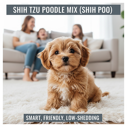 Chó Shih Tzu lai Poodle Shih Poo con với lông xoăn nhẹ, mặt bầu bĩnh trong không gian gia đình